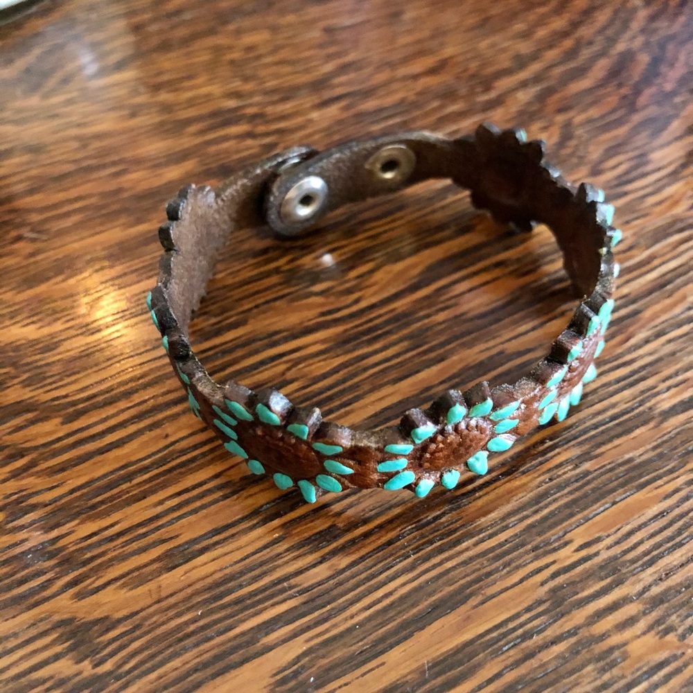 Teal Leather Sunflower Bracelet